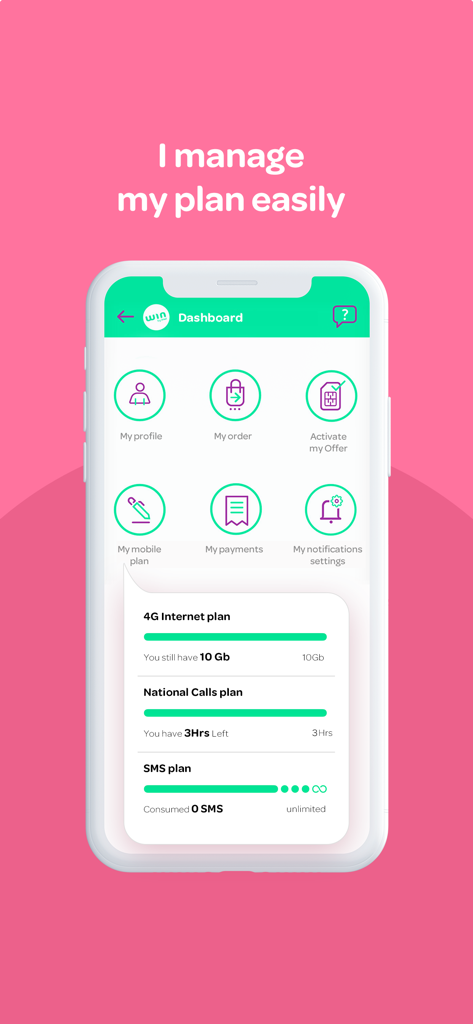 win by inwi - Interface du tableau de bord de l'application win by inwi montrant les données 4G, les appels et l'utilisation SMS restants