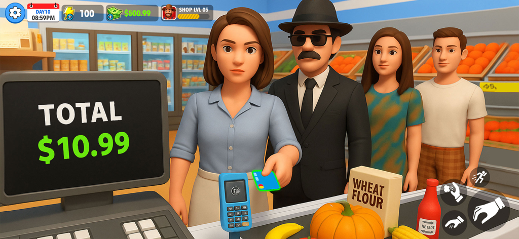 Farm Supermarket Simulator - Cashier processing a payment at the supermarket checkout counter