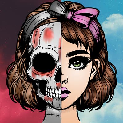 realistic girl with half skull mask
