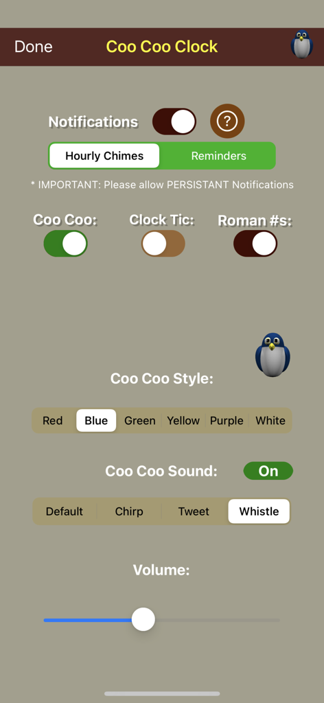 Settings screen for My Coo Coo Clock app showing sound and notification customization options