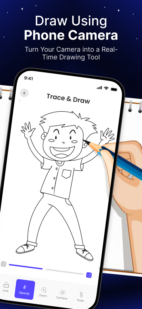 AR Drawing Paint & Sketch 4+ - Person using a smartphone to trace a cartoon character onto paper with the AR Drawing app.