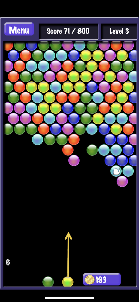 Bubble Shooter - Addictive! - Gameplay-Bildschirm von Bubble Shooter Addictive, der eine Ansammlung bunter Blasen und einen Zielpfeil zeigt