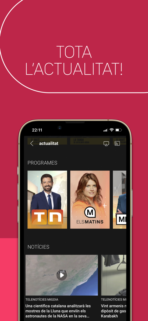 Un smartphone mostrando la sección de noticias y actualidad de la app 3Cat en catalán.