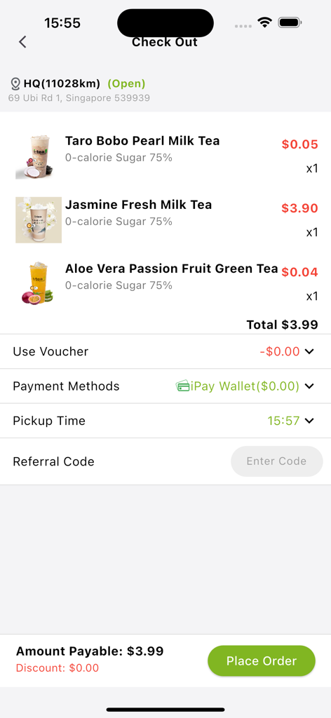itea app checkout screen with bubble tea items and place order button