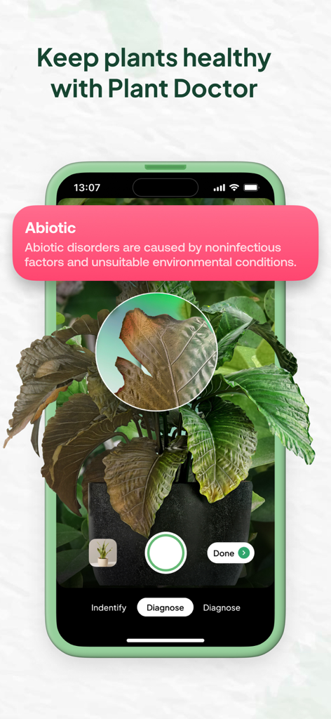 AI Plant Identifier - Leaf ID - Pantalla de smartphone mostrando la función Doctor de Plantas diagnosticando un trastorno abiótico en la hoja de una planta.