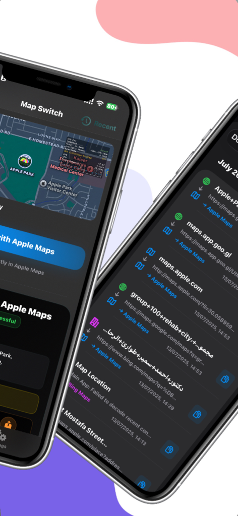 MapSwitch: Convert Map Links! - MapSwitch app interface on iPhone showing map link conversion history and location preview