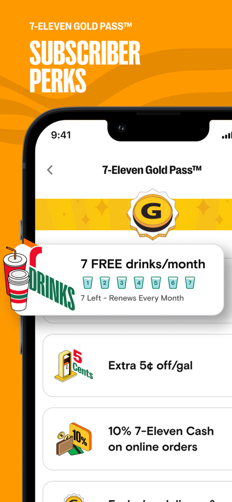 7-Eleven: Rewards & Shopping - A mobile interface for the 7-Eleven Gold Pass showing subscriber perks like free drinks and fuel savings