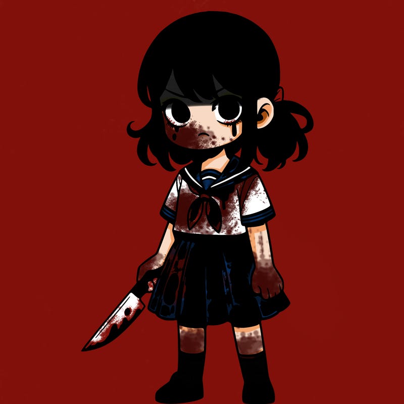 a girl in a school uniform, short sleeves, slightly frowning with blood on her skirt and shirt with a knife in her hand too, and medium black hair in a ponytail.