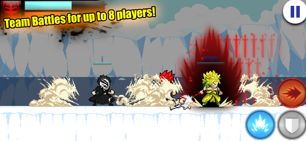 Warriors of the Universe - Personajes anime pixel art en una batalla de equipo con poderes especiales y auras de energía