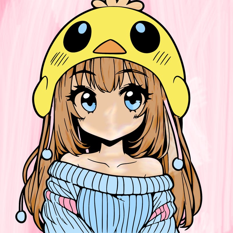 anime girl with chick shaped hat with sweater with bare shoulders with bangs covering them one eye with low tail
