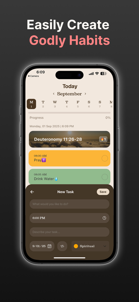 Interface of the Heavenly app showing a daily planner with Bible verses and a new task creator for spiritual habits