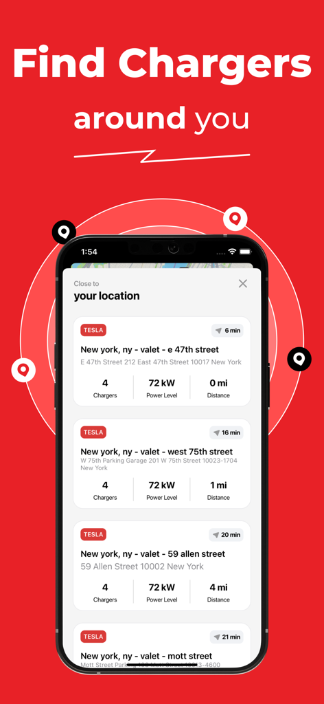 Supercharger map for Tesla - Supercharger map for Tesla app screen showing a list of available charging stations in New York with distance and power levels