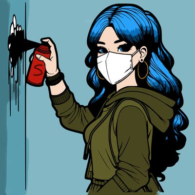 realistic girl with mask spray painting a wall