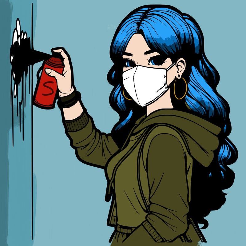 realistic girl with mask spray painting a wall