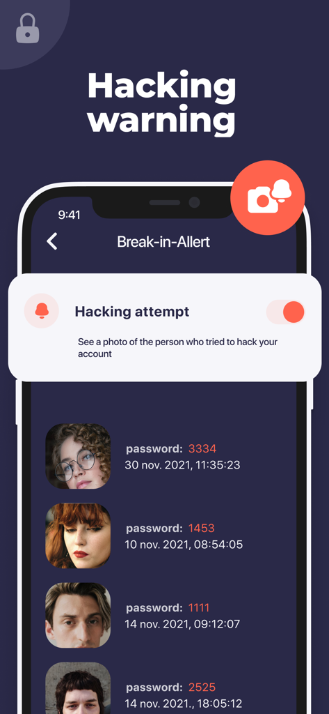 Secret Calculator Photo Vault+ - Hacking warning screen in the Secret Calculator app showing photos of intrusion attempts