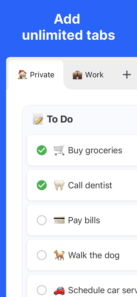 Interfaz de la aplicación Kanban board mostrando pestañas privadas y de trabajo con una lista de tareas pendientes diarias