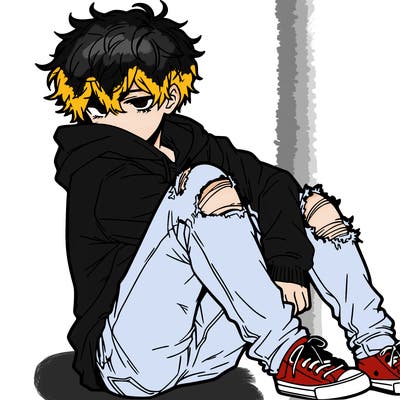 a male hoddie ripped jeans messy hair anime