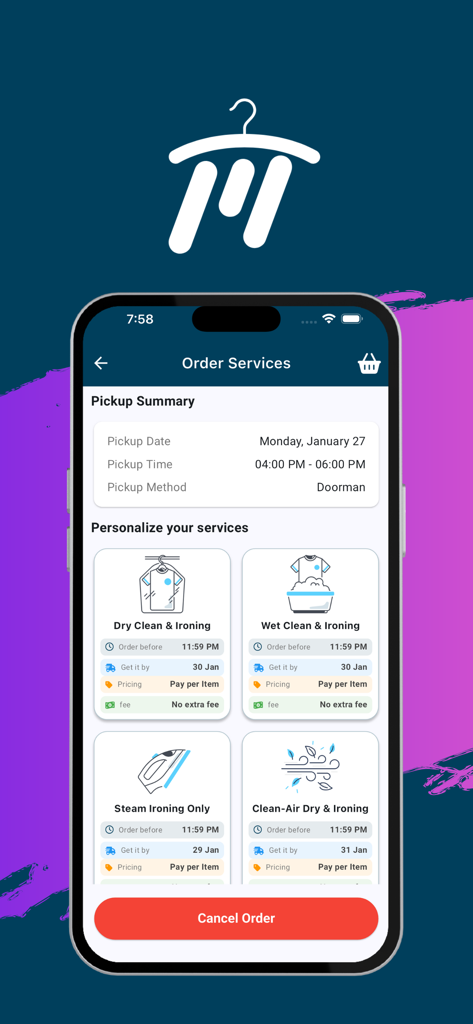 Makwajy - Makwajy mobile app screen for selecting personalized laundry and dry cleaning services including pickup details.
