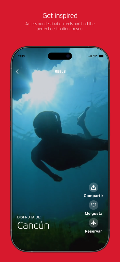 Iberia - Iberia-App-Bildschirm mit Ziel-Reels für Reiseinspirationen, die Cancun zeigen