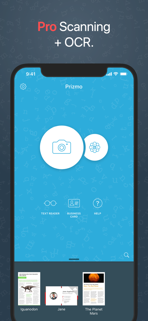Prizmo Scan › Document Scanner - Prizmo Scan app home screen showing professional scanning and OCR options on an iPhone interface.