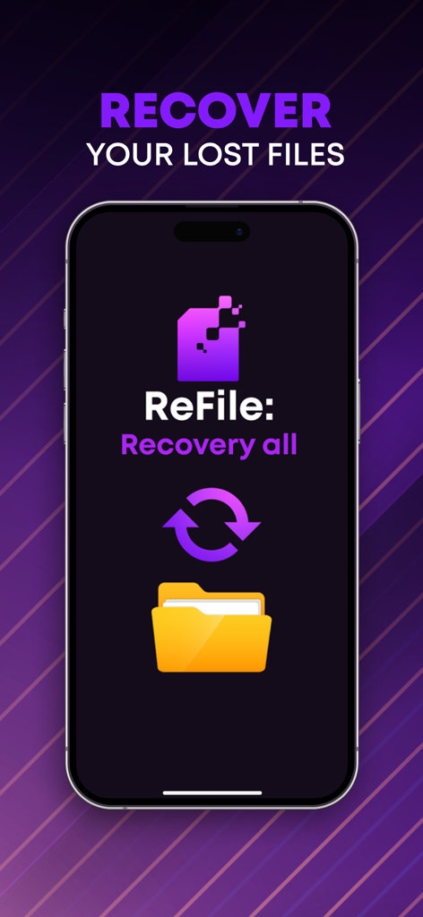 ReFile: Recovery All - iPhoneで失われたファイルを復旧するためのReFile Recovery Allアプリのインターフェースのスクリーンショット。