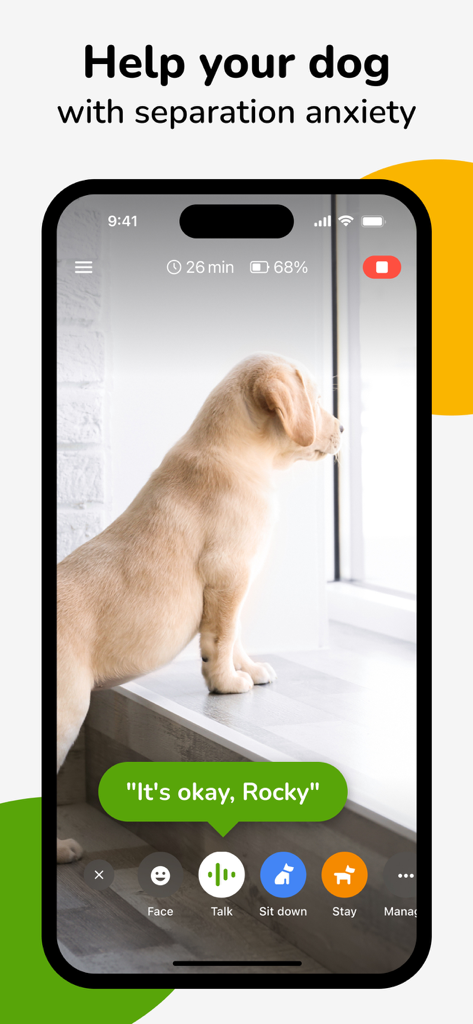 Barkio app interface on a smartphone showing a puppy being monitored and calmed remotely to help with separation anxiety.