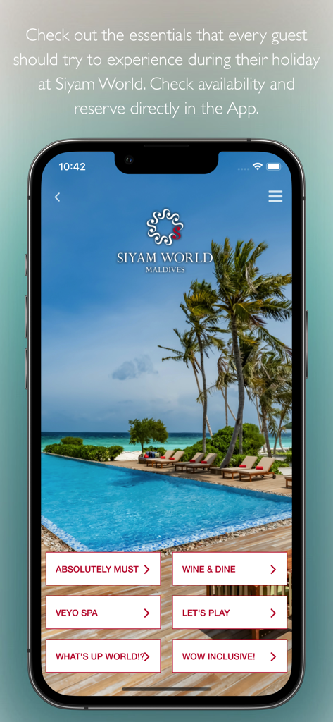 Siyam World - Tela inicial do aplicativo móvel Siyam World Maldives mostrando opções de reserva no resort como jantares, spa e atividades.