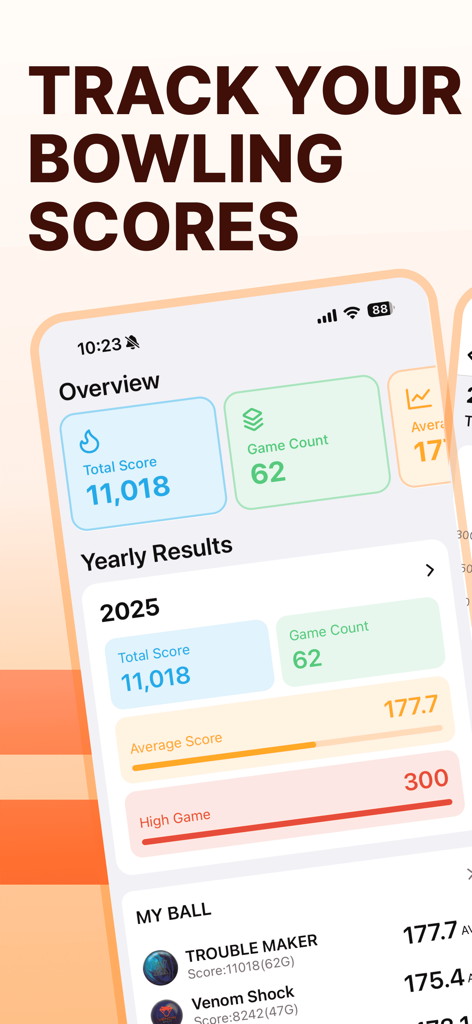 Bosc: Bowling Score Keeper App - Bosc app interface showing bowling score totals yearly results and game statistics