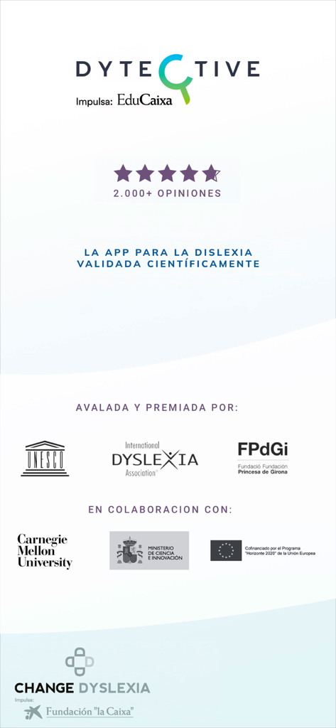 Dytective para la dislexia - Application Dytective pour la dyslexie affichant des notes cinq étoiles et des endorsements de l'UNESCO et de la Carnegie Mellon University