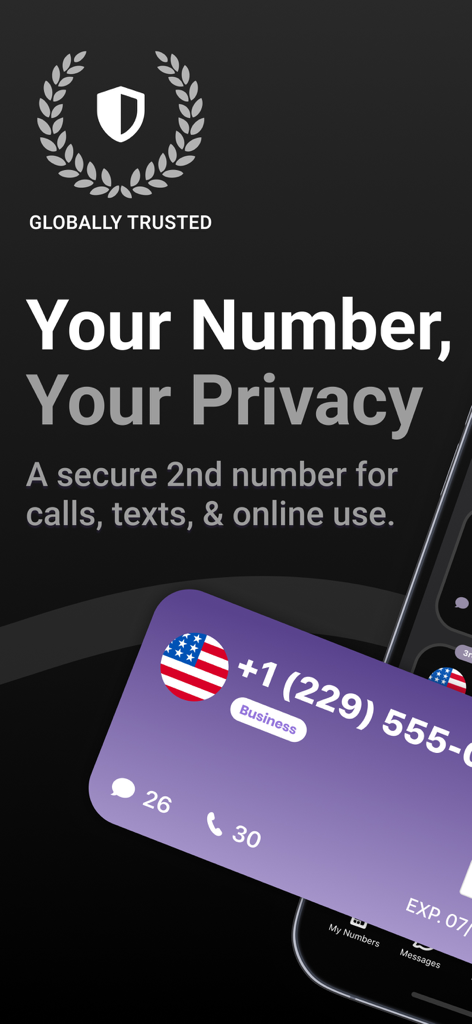 Pantalla promocional de la aplicación Talk Safe que presenta un segundo número de teléfono seguro para llamadas y mensajes de texto privados