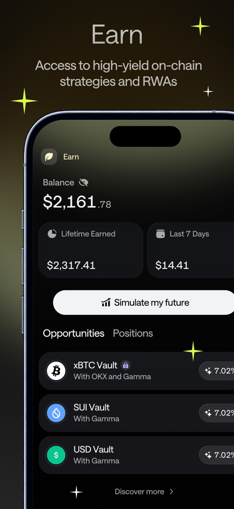 Vera - The Sui Super Wallet - Vera Sui Super Wallet Earn dashboard showing investment vaults and lifetime crypto earnings
