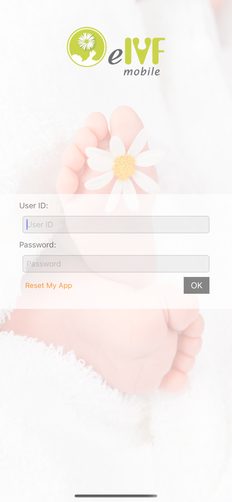 eIVF Patient - Login screen of the eIVF Patient app featuring User ID and Password fields with a baby foot background