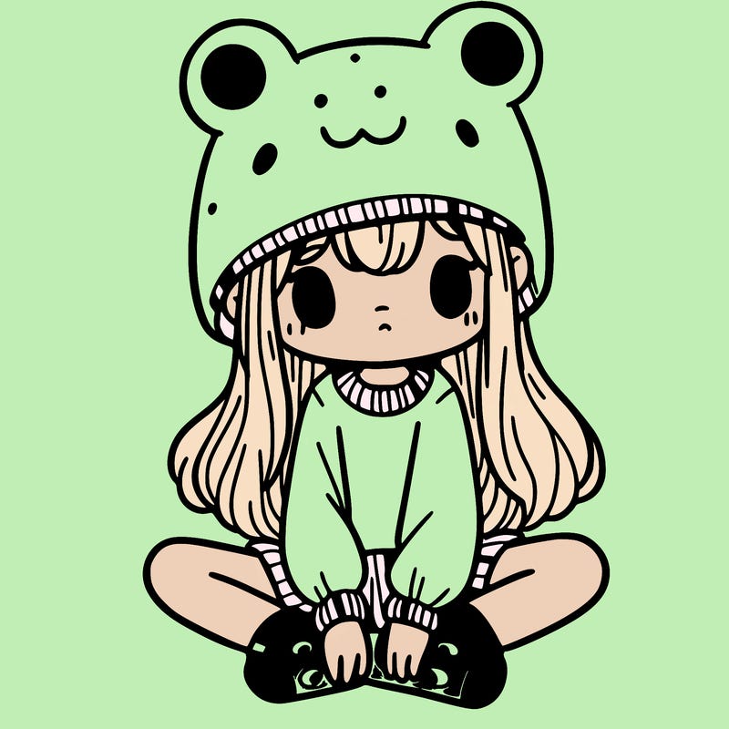 a girl wearing a frog hat and some frog socks