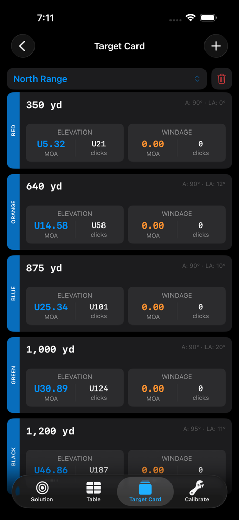 Target card display in the Shooter app showing elevation and windage adjustments for multiple long range distances