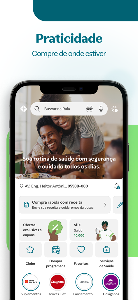 La pantalla de inicio de la aplicación de farmacia Raia que muestra la barra de búsqueda y los servicios de salud
