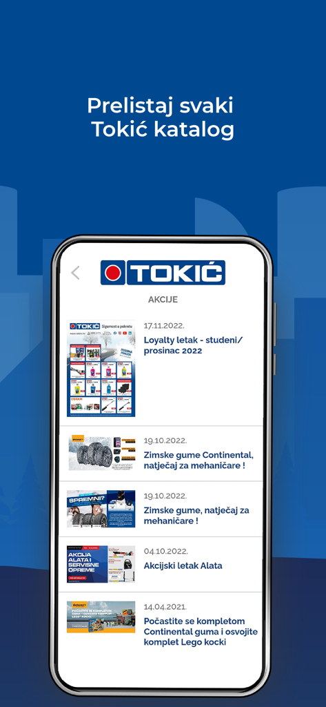 Tokić - Tokić mobile app screen showing a list of automotive sales catalogs and promotions.