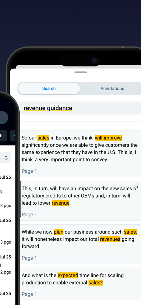 AlphaSense - AlphaSense mobile app search results for revenue guidance with highlighted keywords.