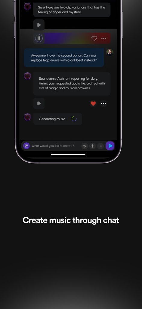 Soundverse - AI Song Generator - A smartphone screen displaying a chat-based AI interface where a user is requesting music modifications from an assistant to create songs.