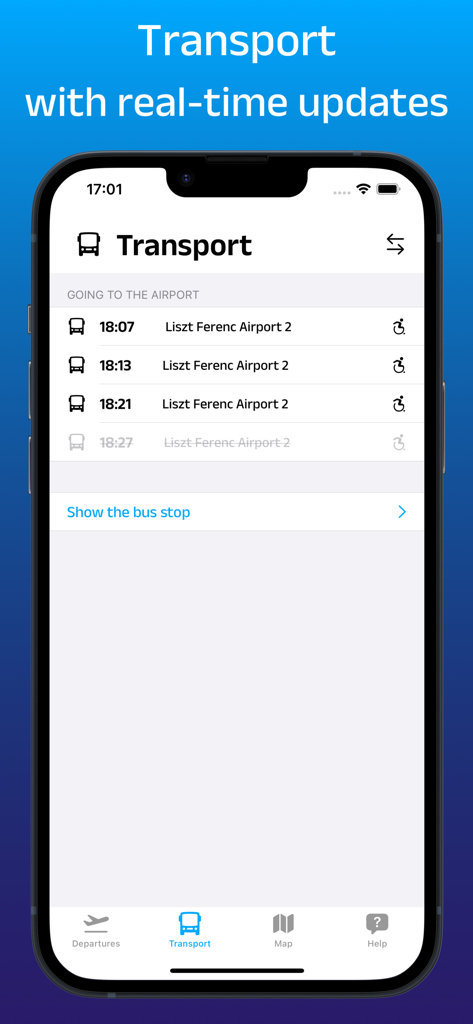 Screenshot dell'app BUD Airport che visualizza gli orari degli autobus in tempo reale per l'aeroporto di Liszt Ferenc.