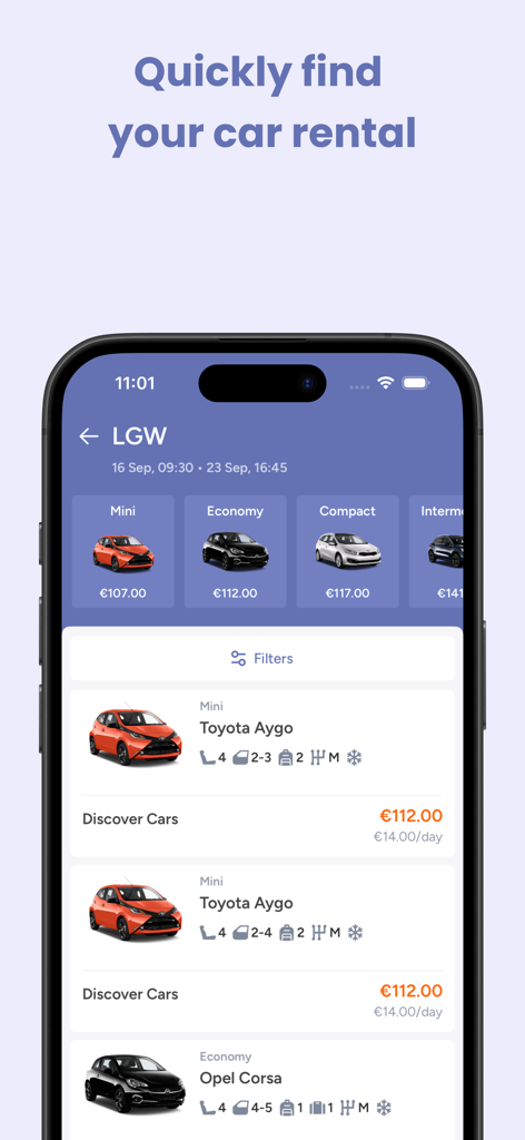 Jetcost: flights and cars - Jetcostモバイルアプリのインターフェース。さまざまなレンタカーオプションと価格を車両タイプ別に表示