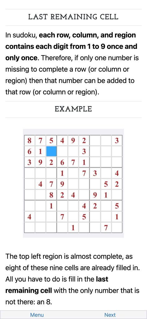 Sudoku Academy - Tutorial di Sudoku Academy che spiega la logica dell'ultima cella rimasta con un esempio di griglia di puzzle