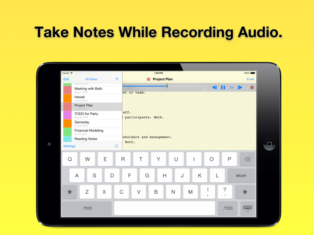 Audio Notebook: Voice Recorder - iPad interface of Audio Notebook app showing text editor and audio recording controls