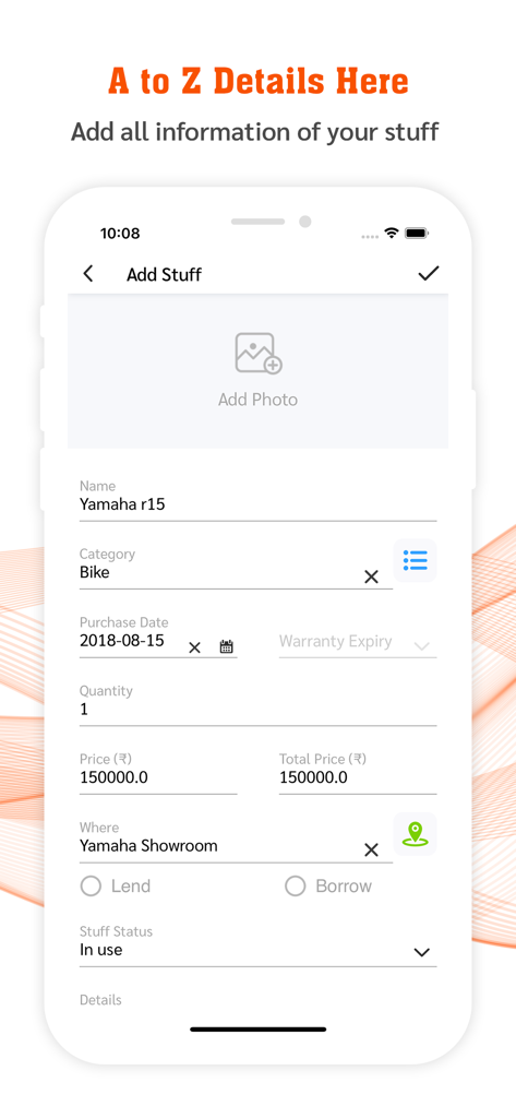 My Stuff Personal Organizer - Interface for adding item details like name category and price in the My Stuff Personal Organizer app