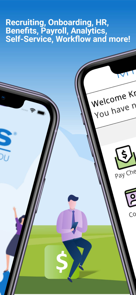 PDS Vista - Two smartphones displaying the PDS Vista mobile app interface for HR benefits and payroll management