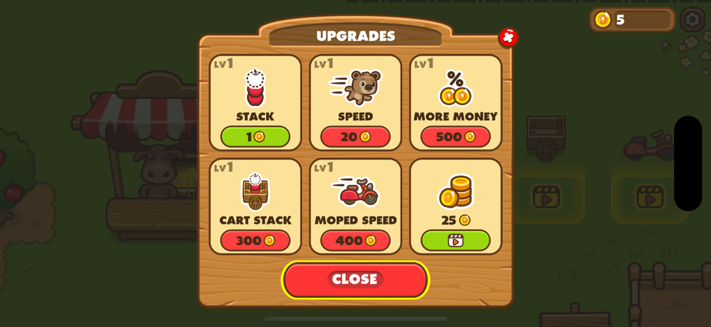 Bear Mart Olly The Paw - The upgrades menu in Bear Mart Olly The Paw showing options for stack capacity speed and coin bonuses