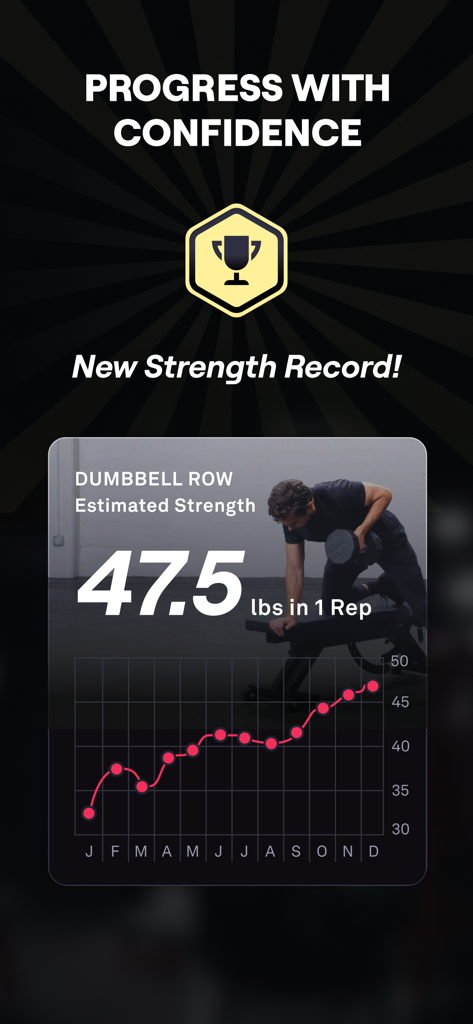 Fitbod app interface displaying a new strength record for dumbbell rows with a detailed yearly progress graph