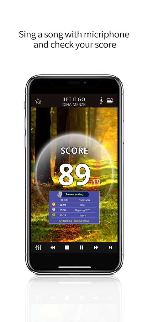 Magicsing Karaoke - Magicsing Karaoke app screen displaying a singing score and a performance ranking leaderboard