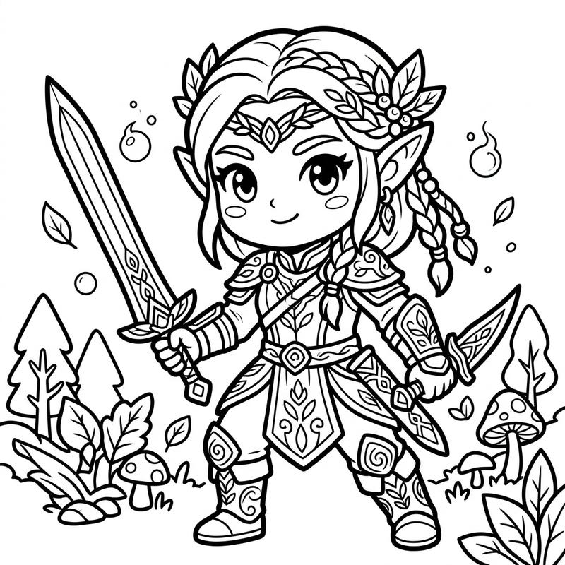 Embark on a charming fantasy journey with this delightful Kawaii Elven Warrior coloring page. This enchanting design features a brave elf in intricate armor, ready for a colorful adventure.