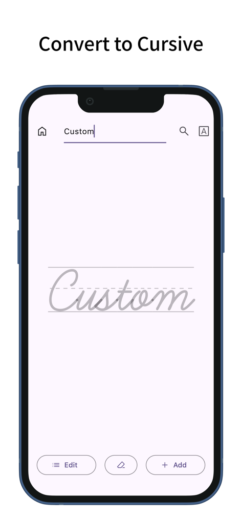 Schermata dello smartphone che mostra la funzione converti in corsivo dove il testo digitato diventa un modello di scrittura a mano.