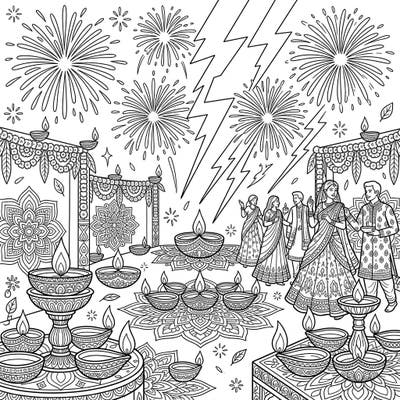 Celebrate the Festival of Lights with this stunning Diwali coloring page, filled with traditional motifs and joyous festivities. Explore intricate rangoli, glowing diyas, festive attire, and dynamic fireworks, all waiting for your vibrant touch.
